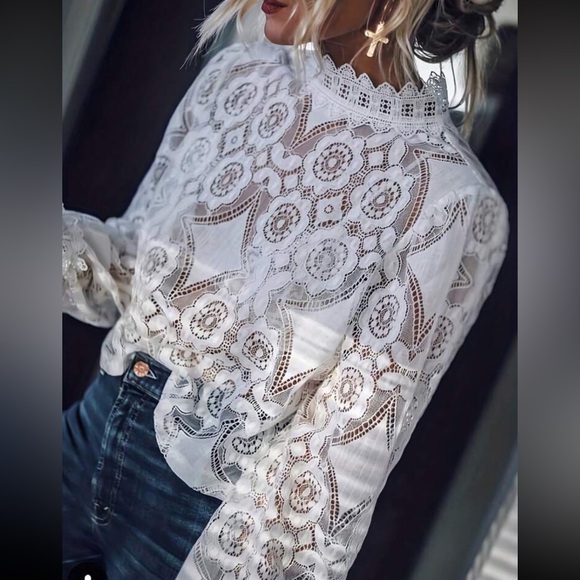 Boho Sheer Mesh Mock Neck Long Sleeve Top Blouse Shirt - Picture 1 of 4